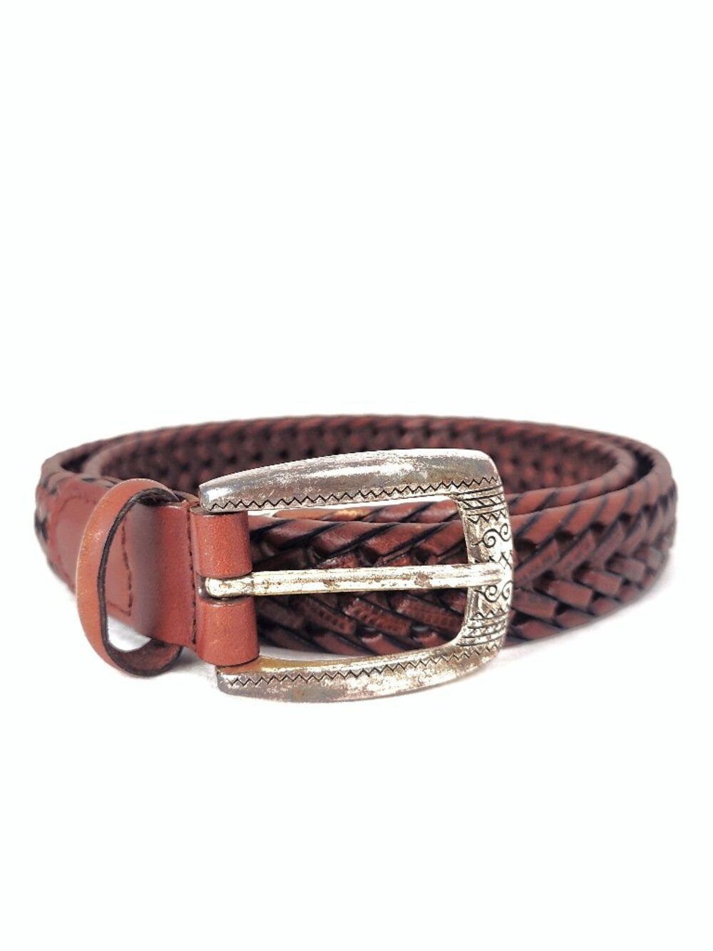 Vintage Unisex Woven Leather Belt Brown Silver Buckle 40.5" length size Large